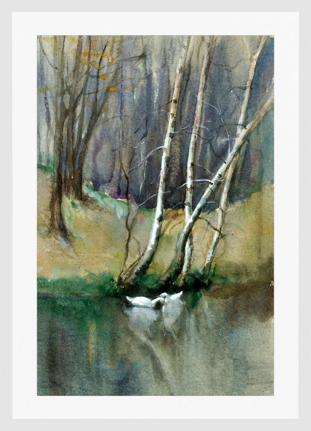 Edward Mitchell Bannister Print, Untitled (Birch Trees and Ducks) — white frame