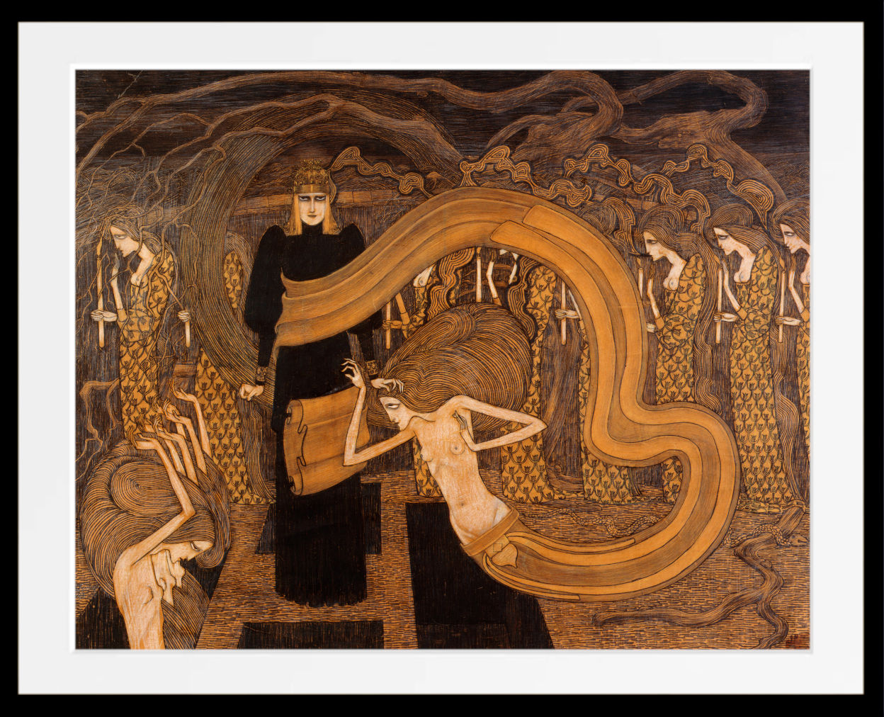 A framed art print featuring a stylized, Art Nouveau-inspired illustration in warm brown, gold, and beige tones, with a white mat and black frame.