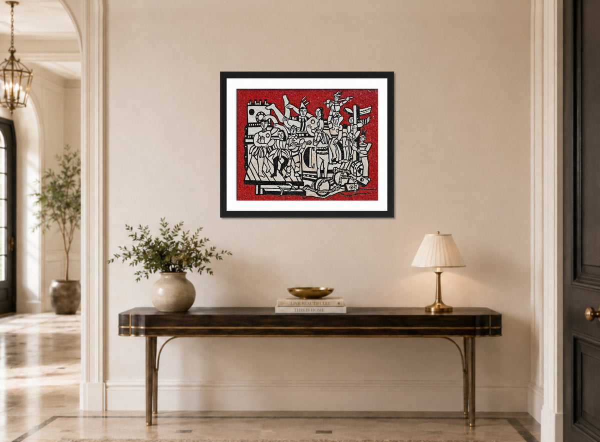 Fernand Leger Print, Grand parade with red background displayed above a console table