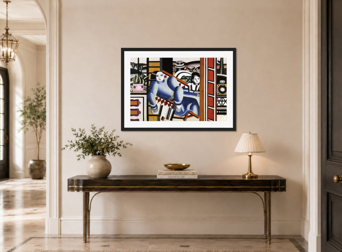 Fernand Leger Print, La femme et l'enfant (Mother and Child) displayed above a console table