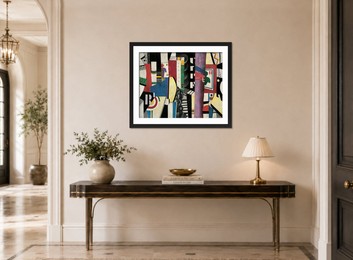 Fernand Leger Print, La Ville (The City) displayed above a console table