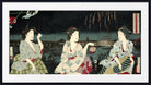 A framed Japanese ukiyo-e woodblock print depicting three women in traditional patterned kimonos seated by a river at night, with fireworks visible in the sky above. The print is shown within a white mat and a black frame.