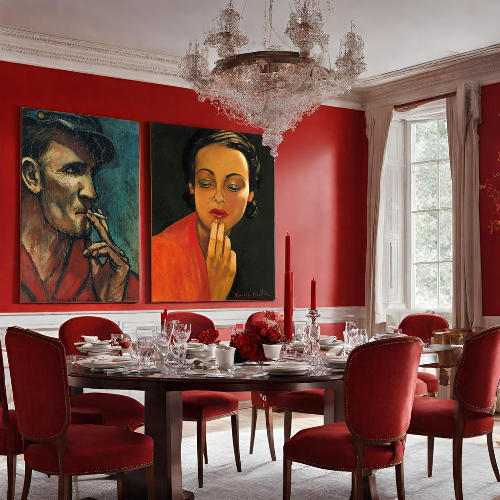 Francis Picabia canvas panel prints in a red dining room