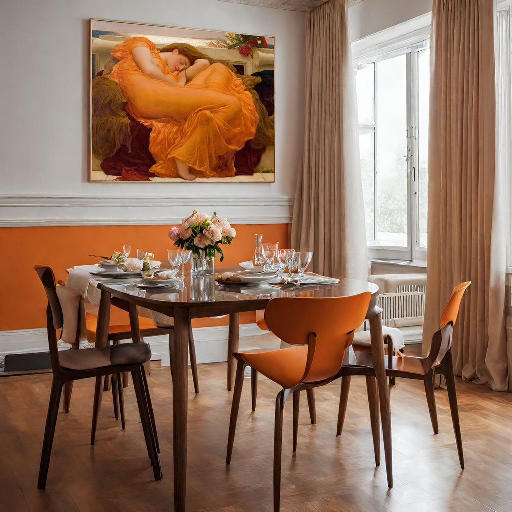 Frederic Leighton print "Flaming June" in orange dining room