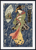 A framed Japanese ukiyo-e woodblock print featuring a woman in a green and yellow kimono with red accents, set against a dark blue background filled with white calligraphy. The print is presented in a black frame with a white mat.