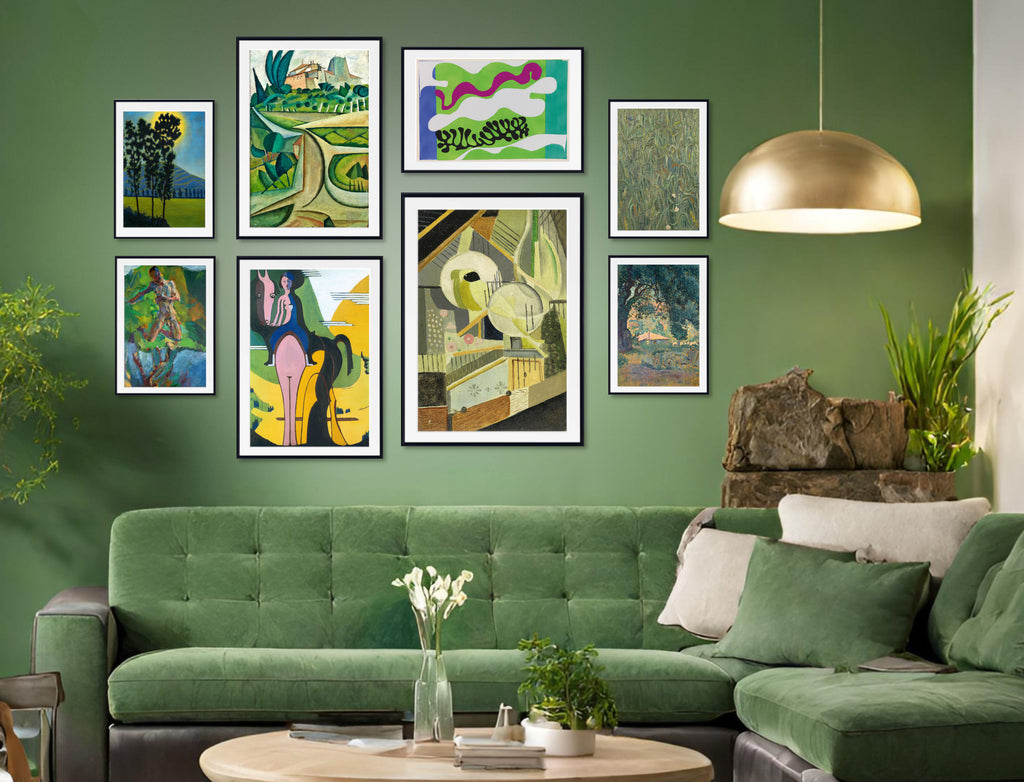 Living Room Classic Art Gallery Wall Set of 8 Green Tone Framed Prints
