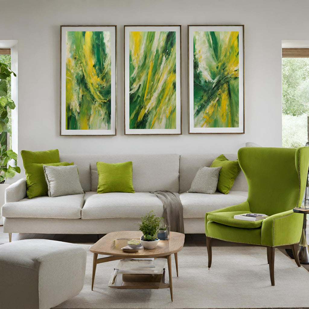 Extra Large Abstract Art, Set of 3 Yellow Green Prints
