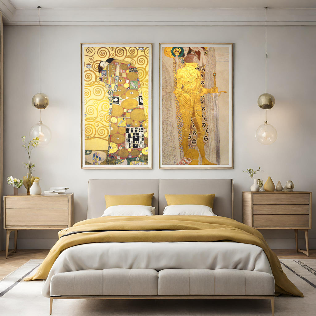 Golden Yellow Bedroom Wall Art Pair of Gustav Klimt Prints