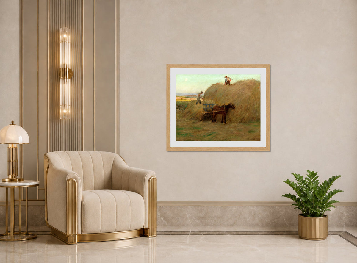 Harold Harvey Print, Building the hayrick (1902) displayed in an Art Deco interior