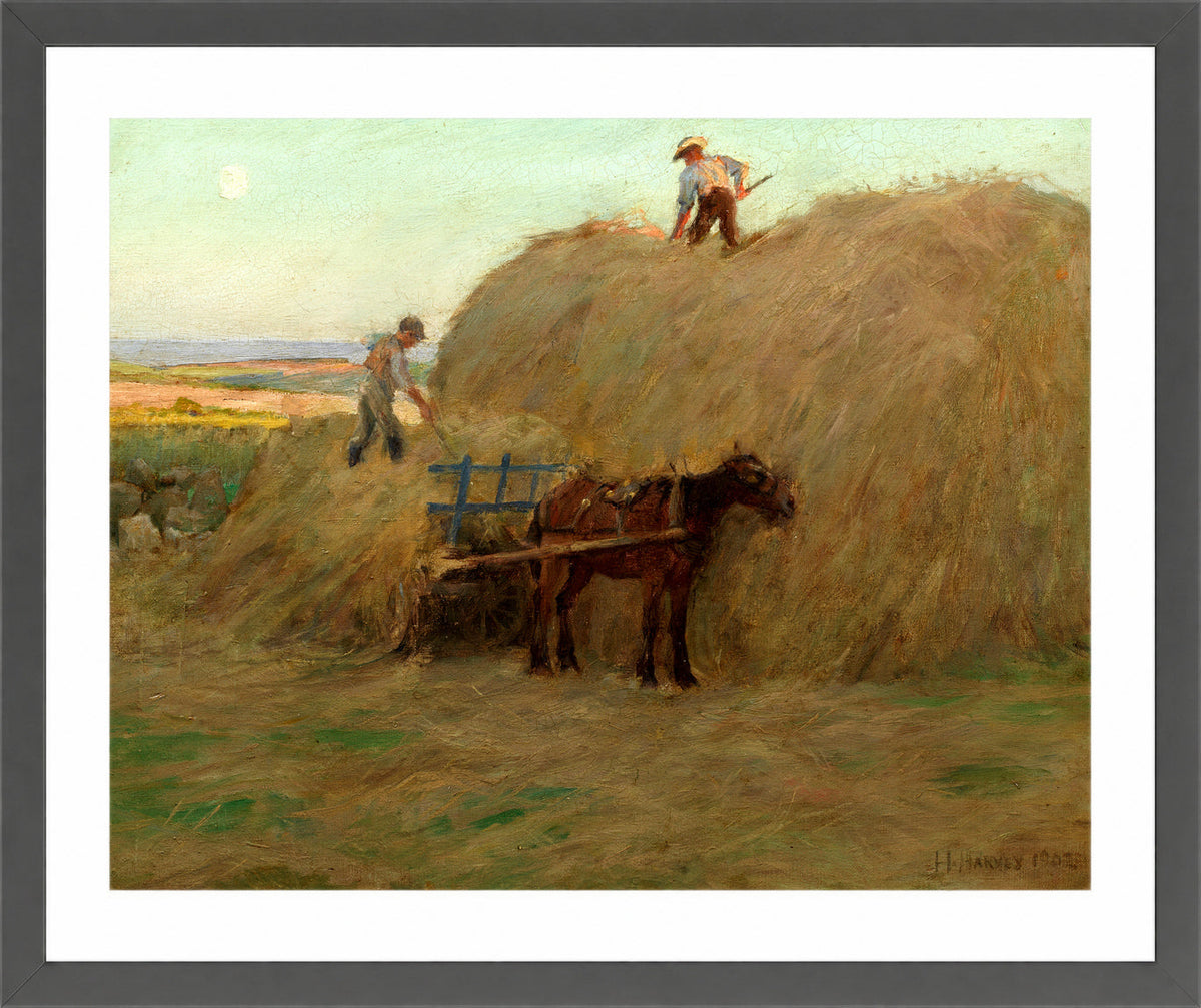 Harold Harvey Print, Building the hayrick (1902) in a dark grey frame