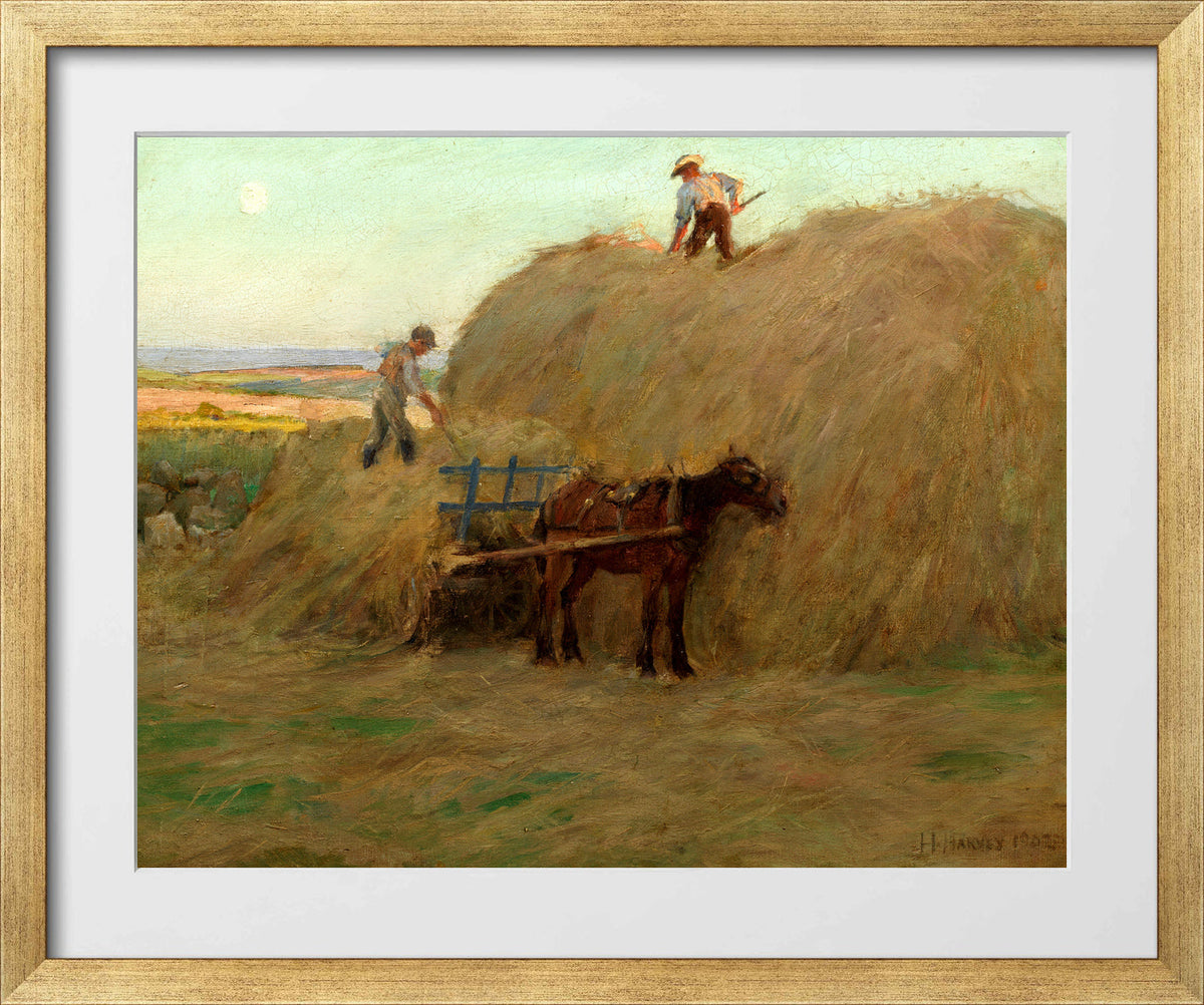 Harold Harvey Print, Building the hayrick (1902) in a gold frame