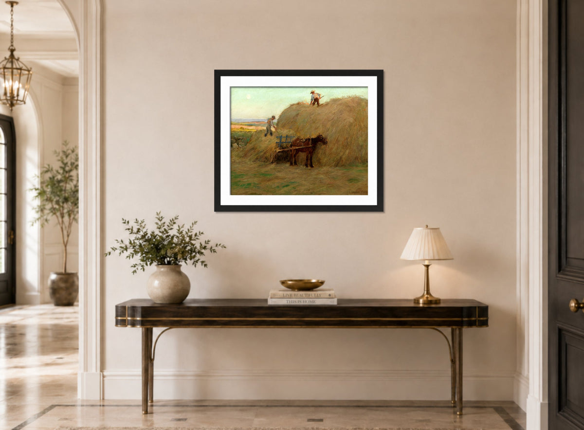 Harold Harvey Print, Building the hayrick (1902) displayed above a console table