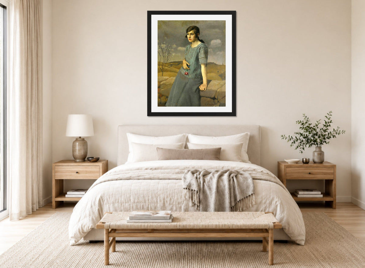 Harold Harvey Print, Clara (1922) displayed above a bed