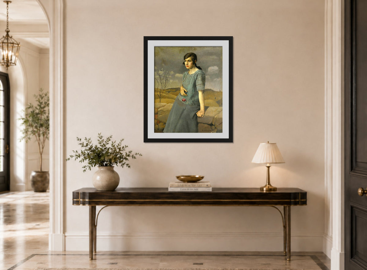 Harold Harvey Print, Clara (1922) displayed above a console table