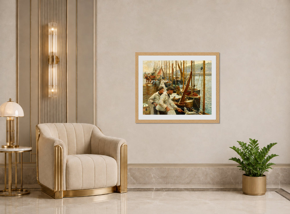 Harold Harvey Print, Fishing Boats, Newlyn displayed in an Art Deco interior