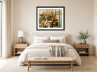 Harold Harvey Print, Fishing Boats, Newlyn displayed above a bed