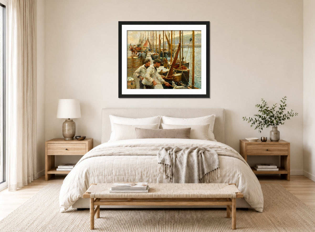 Harold Harvey Print, Fishing Boats, Newlyn displayed above a bed