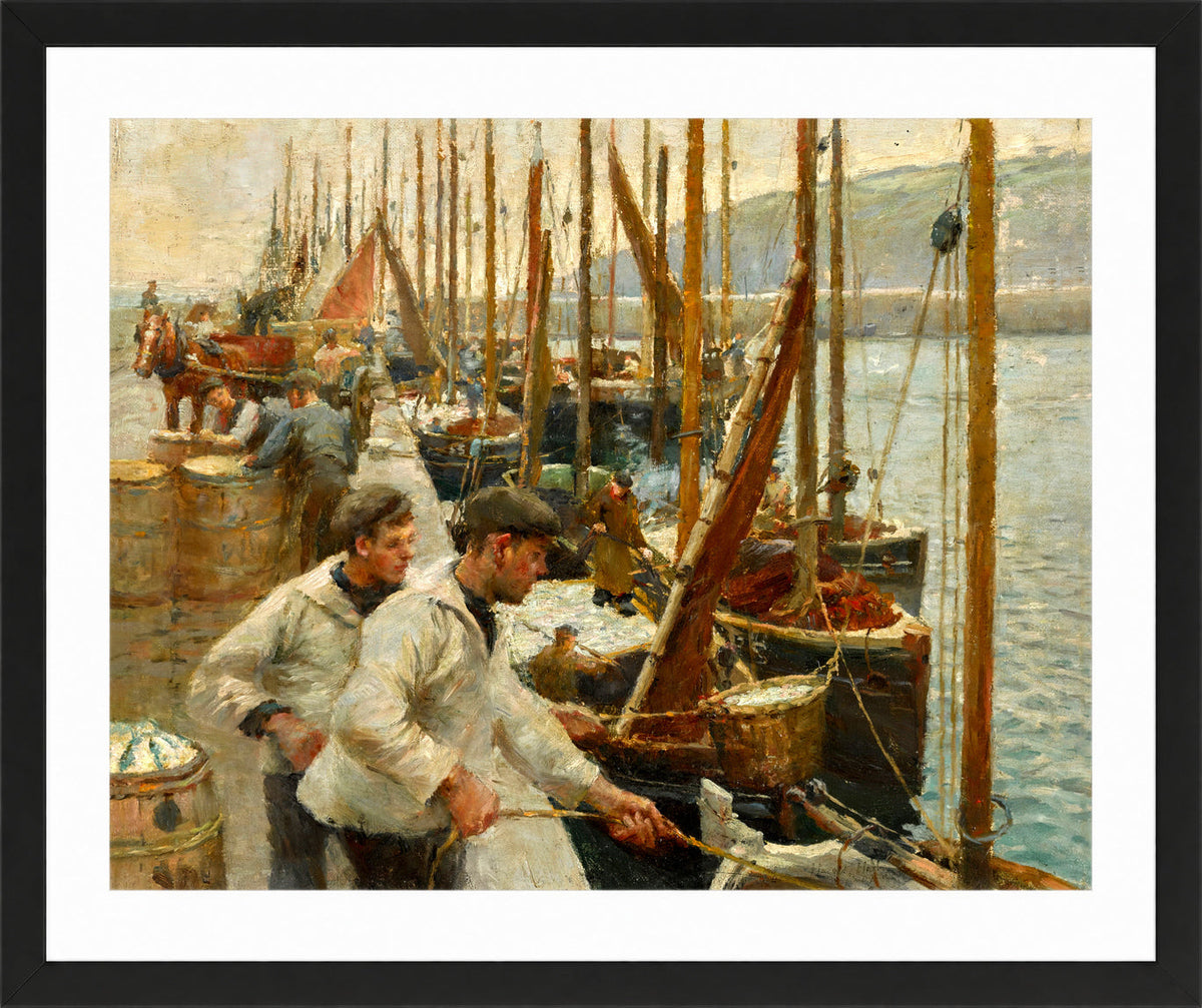 Harold Harvey Print, Fishing Boats, Newlyn in a black frame