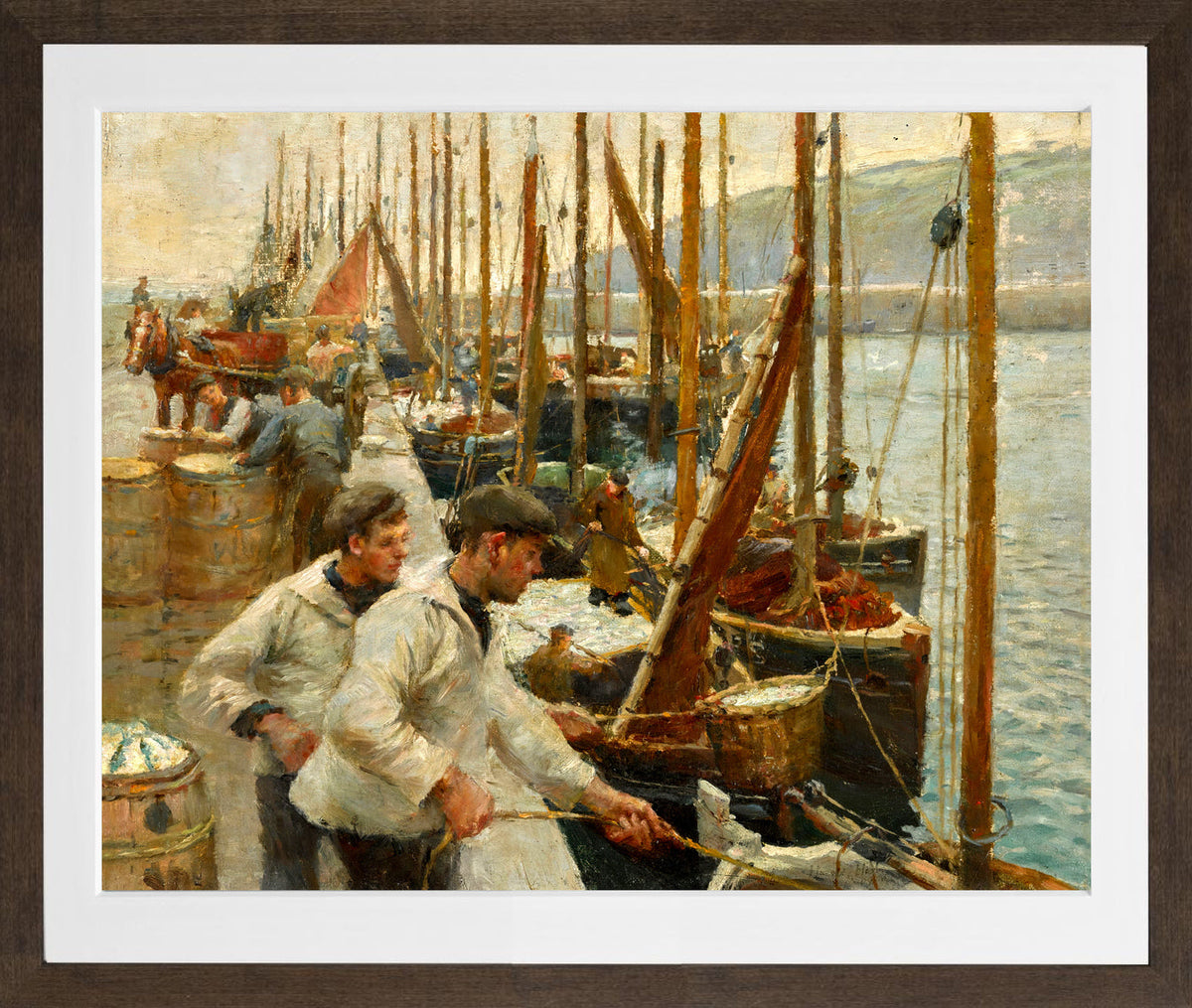 Harold Harvey Print, Fishing Boats, Newlyn in a brown frame