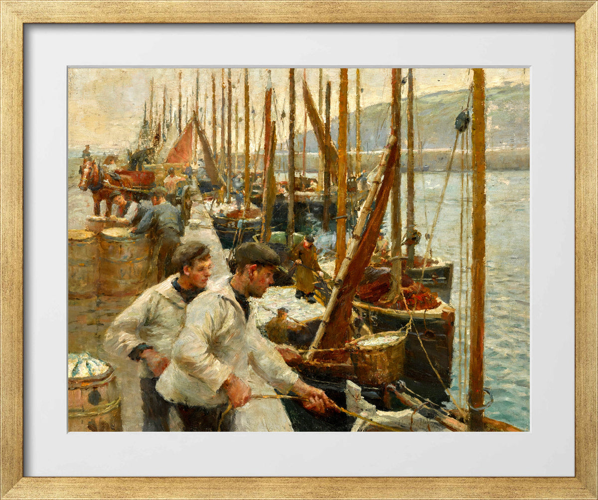 Harold Harvey Print, Fishing Boats, Newlyn in a gold frame