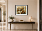 Harold Harvey Print, Fishing Boats, Newlyn displayed above a console table