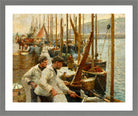 Harold Harvey Print, Fishing Boats, Newlyn in a light grey frame