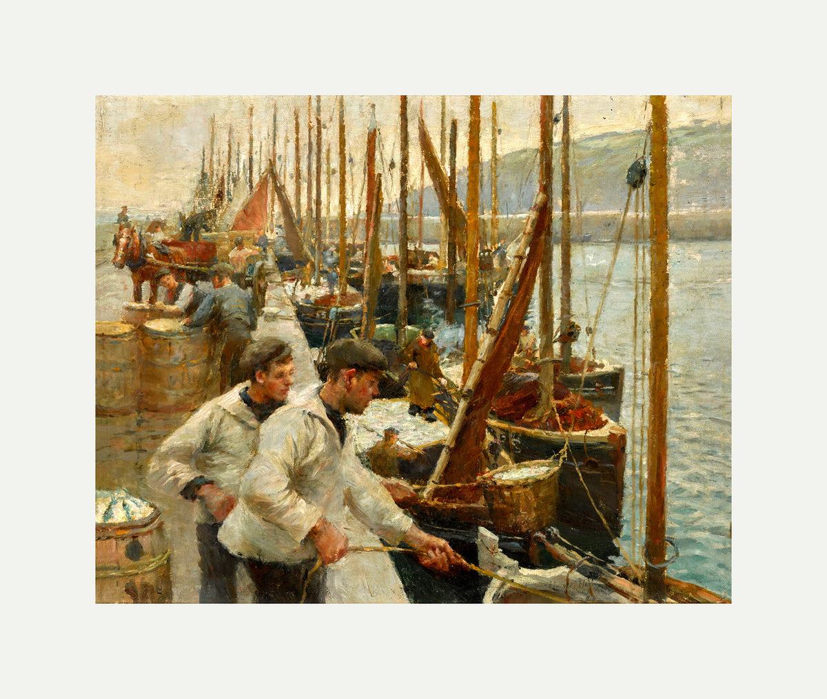 Harold Harvey Print, Fishing Boats, Newlyn with an off-white border for rolled canvas