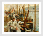 Harold Harvey Print, Fishing Boats, Newlyn in a white frame