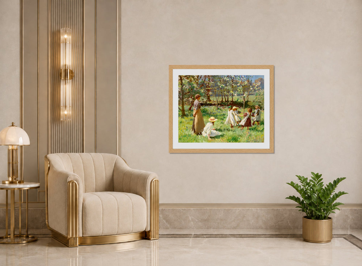 Harold Harvey Print, Maytime (1912) displayed in an Art Deco interior