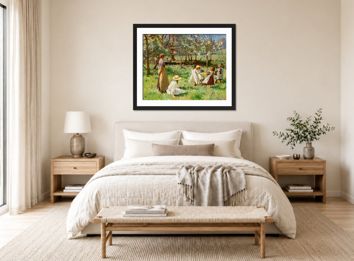 Harold Harvey Print, Maytime (1912) displayed above a bed