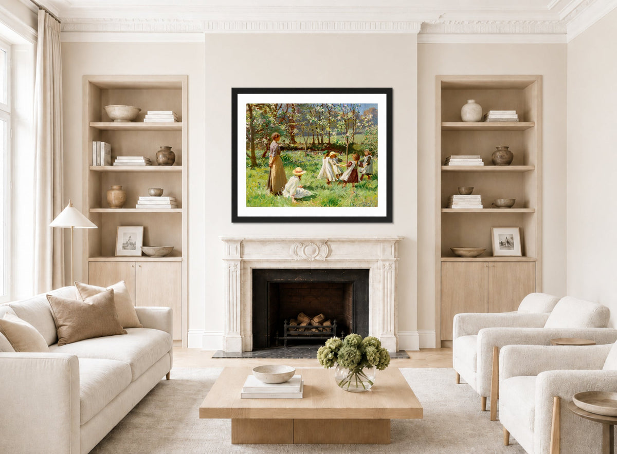 Harold Harvey Print, Maytime (1912) displayed in a Scandinavian living room