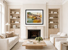 Harold Harvey Print, Mousehole (1939) displayed in a Scandinavian living room