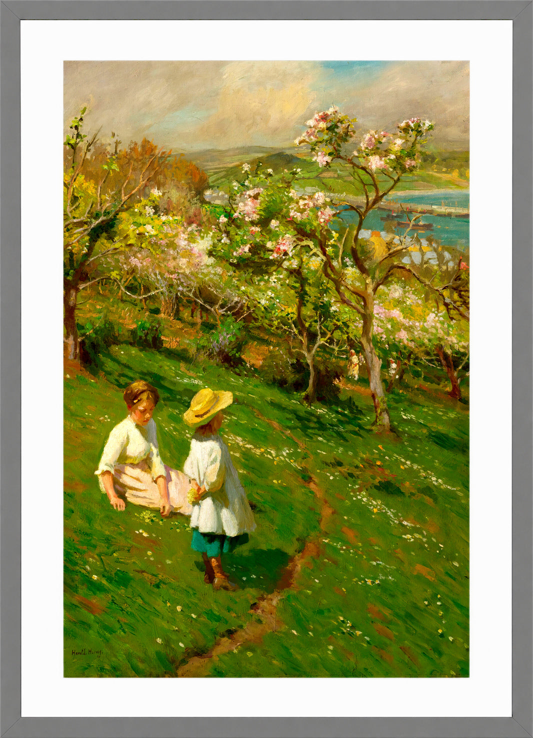 Harold Harvey Print, Springtime In The Orchard in a light grey frame