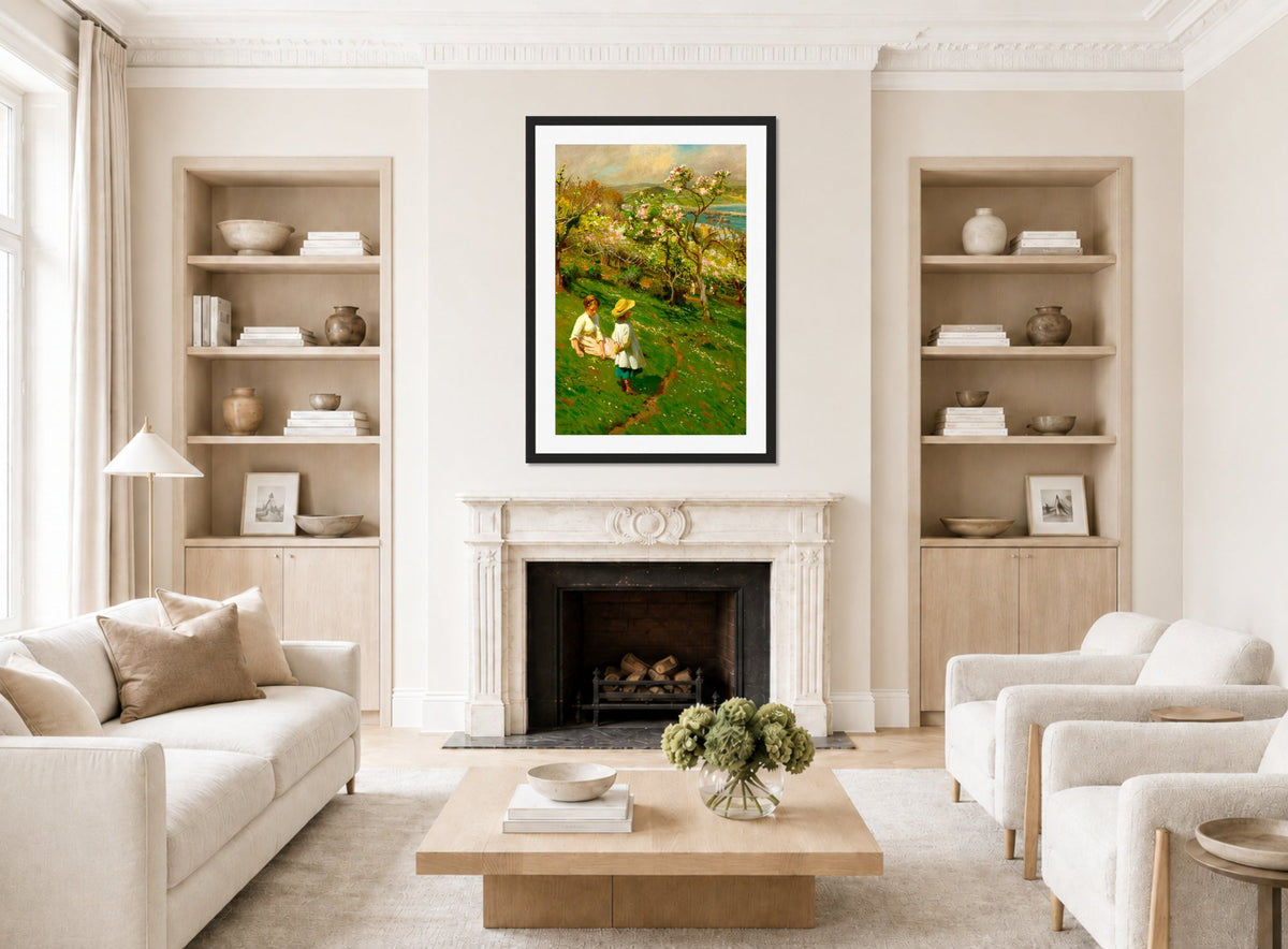 Harold Harvey Print, Springtime In The Orchard displayed in a Scandinavian living room