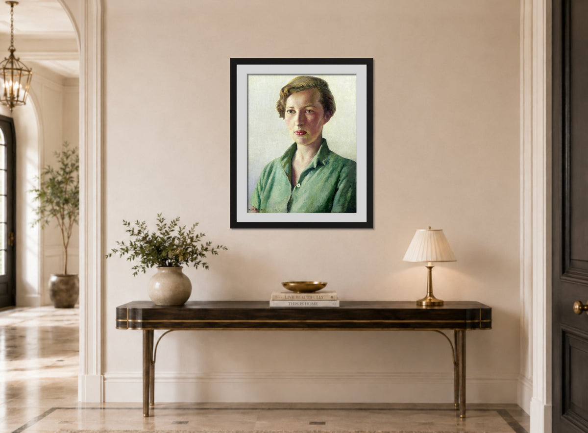 Harold Harvey Print, Sue Palmer displayed above a console table