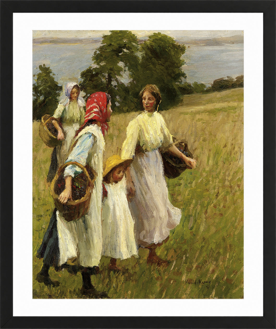 Harold Harvey Print, The Blackberry Harvest in a black frame