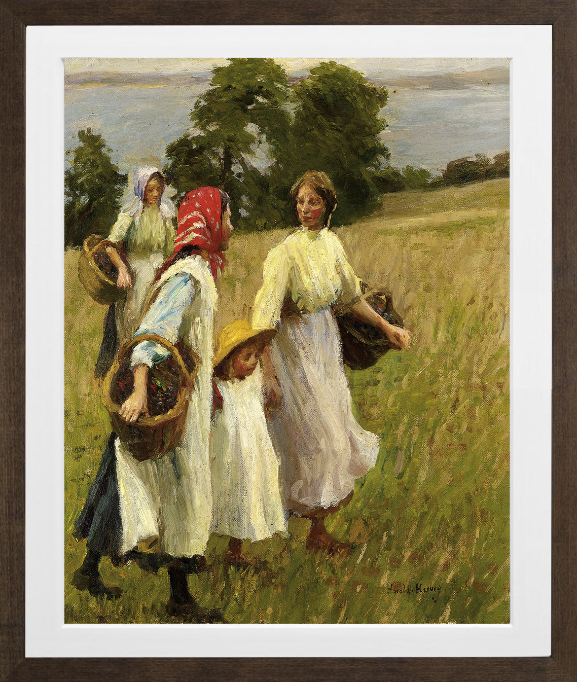 Harold Harvey Print, The Blackberry Harvest in a brown frame