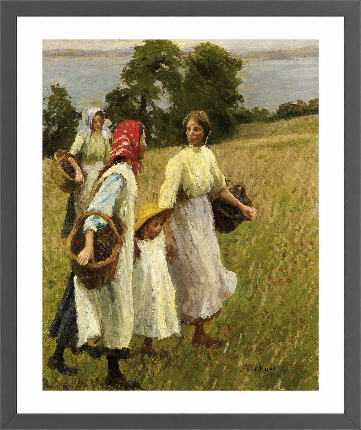 Harold Harvey Print, The Blackberry Harvest in a dark grey frame