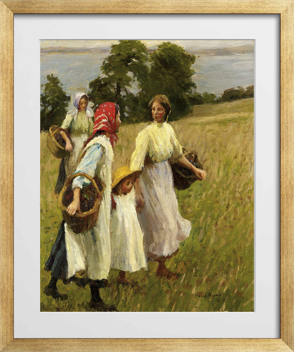Harold Harvey Print, The Blackberry Harvest in a gold frame