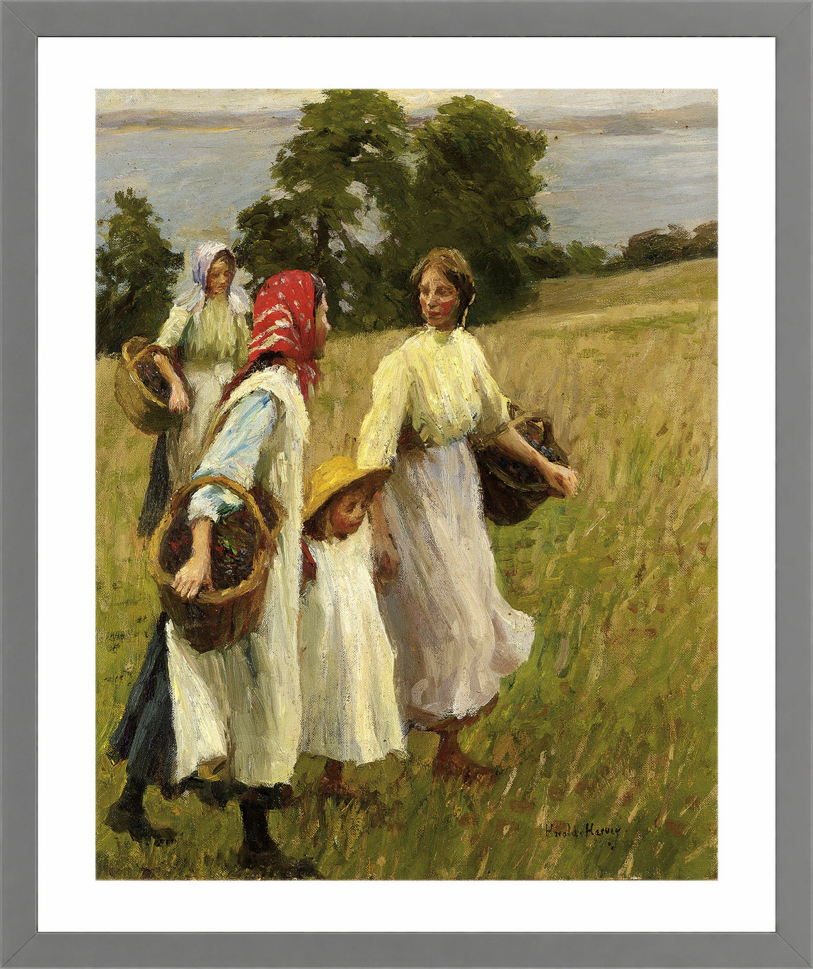 Harold Harvey Print, The Blackberry Harvest in a light grey frame