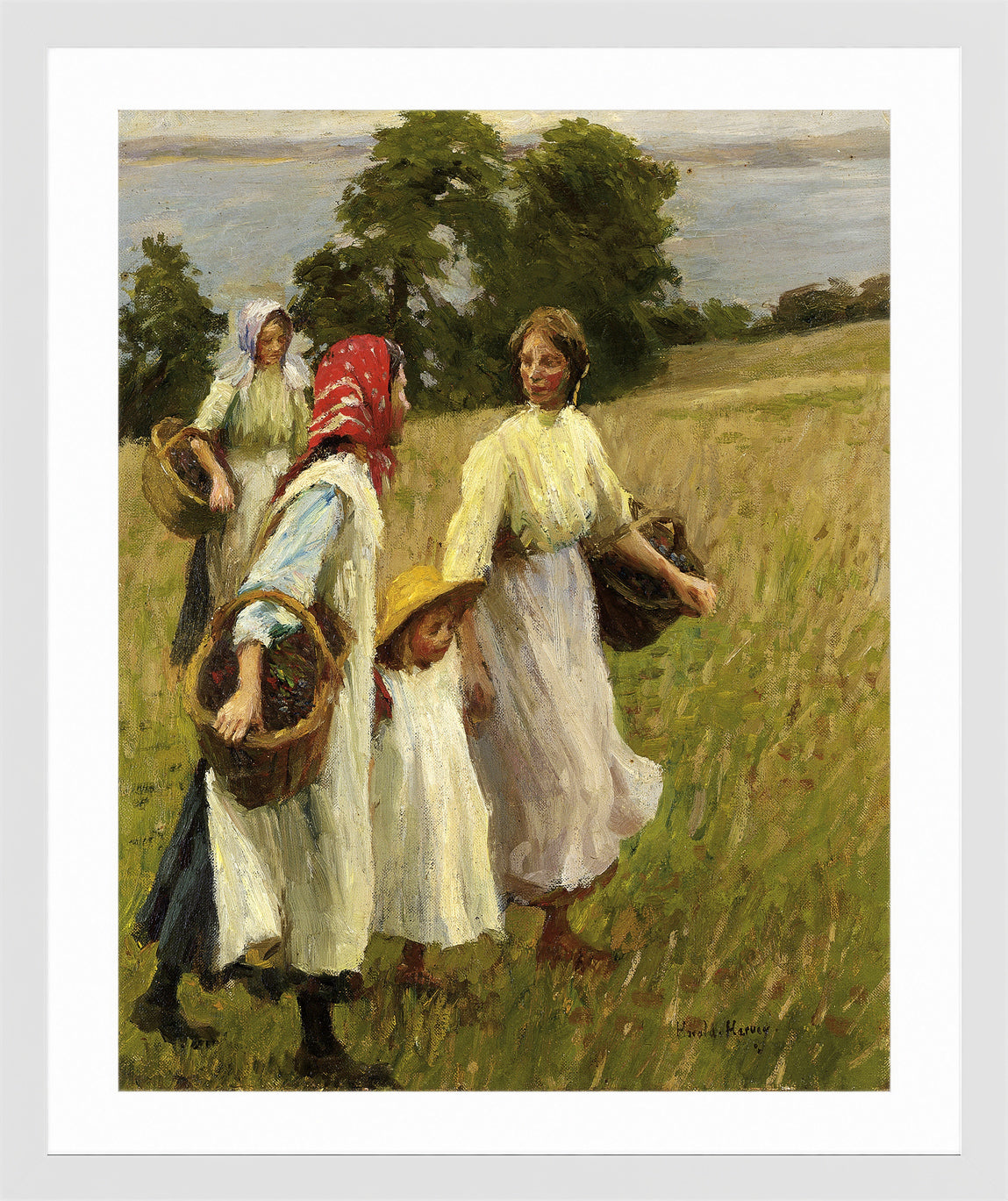 Harold Harvey Print, The Blackberry Harvest in a white frame