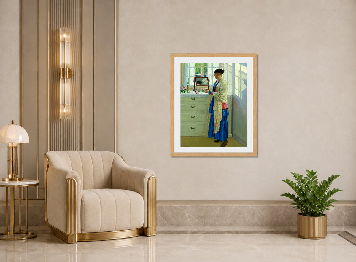 Harold Harvey Print, The Blue Gown (1917) displayed in an Art Deco interior