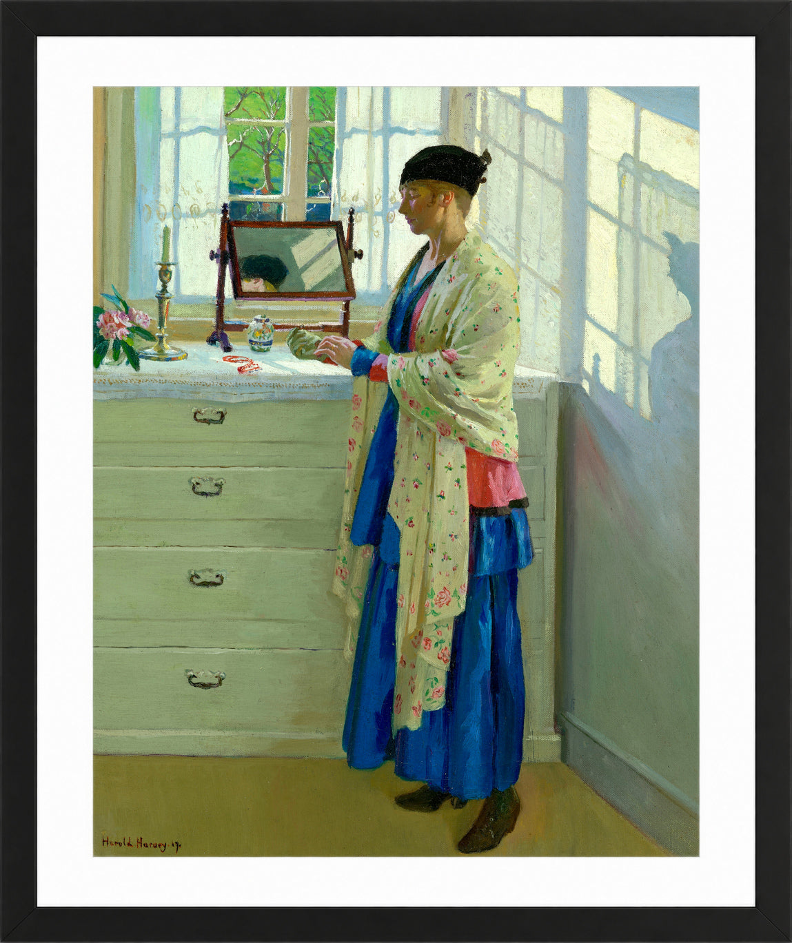 Harold Harvey Print, The Blue Gown (1917) in a black frame
