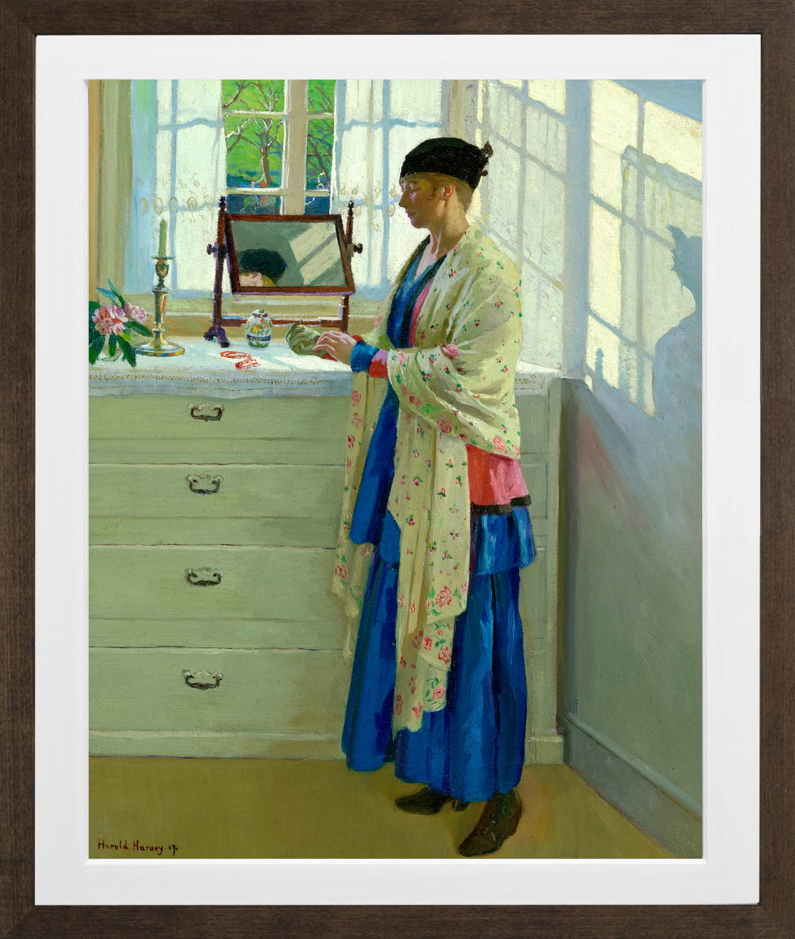 Harold Harvey Print, The Blue Gown (1917) in a brown frame