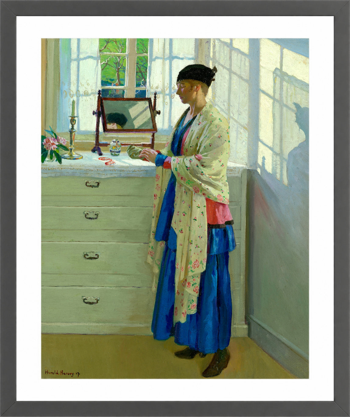 Harold Harvey Print, The Blue Gown (1917) in a dark grey frame