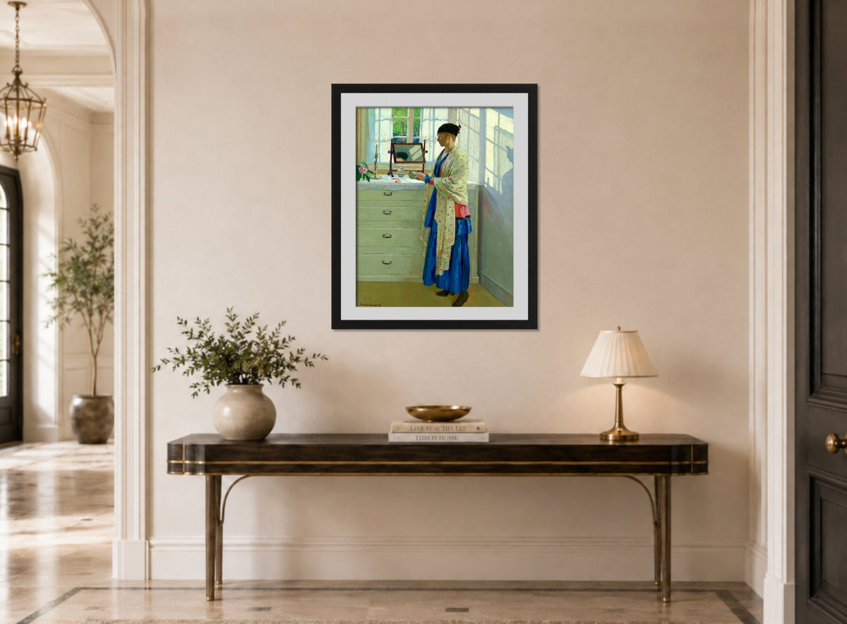 Harold Harvey Print, The Blue Gown (1917) displayed above a console table