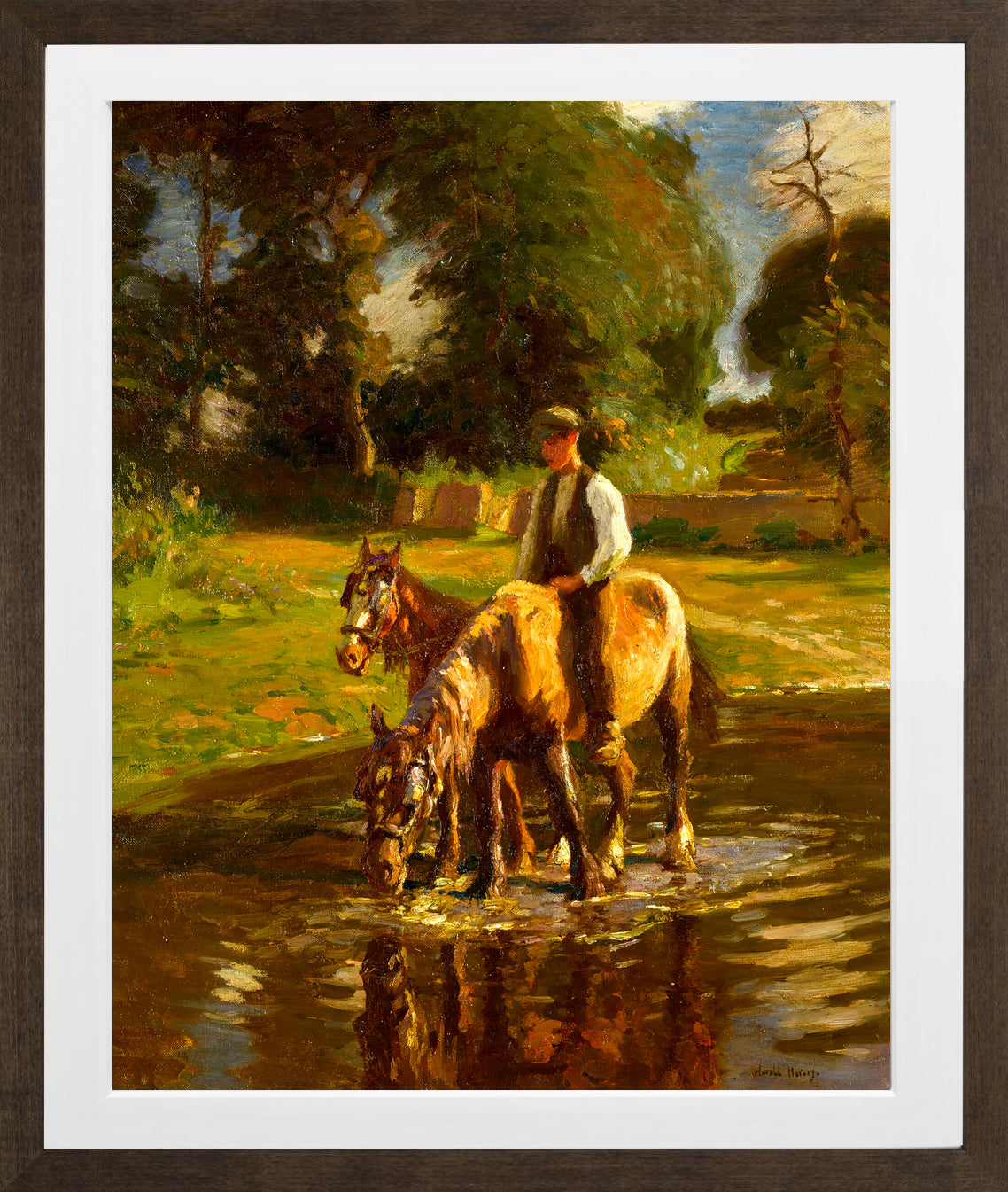 Harold Harvey Print, The watering place in a brown frame