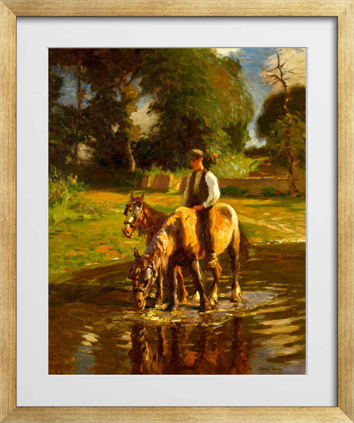 Harold Harvey Print, The watering place in a gold frame