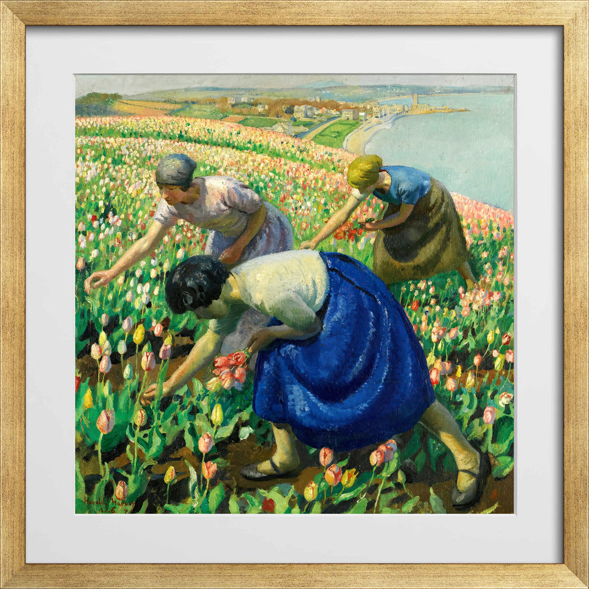 Harold Harvey Print, Tulip Pickers (1926) in a gold frame