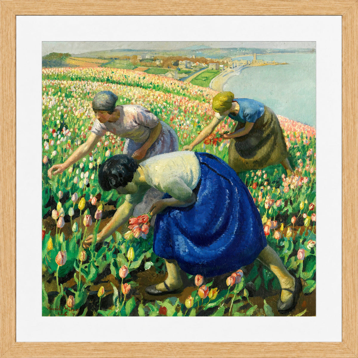 Harold Harvey Print, Tulip Pickers (1926) in an oak frame
